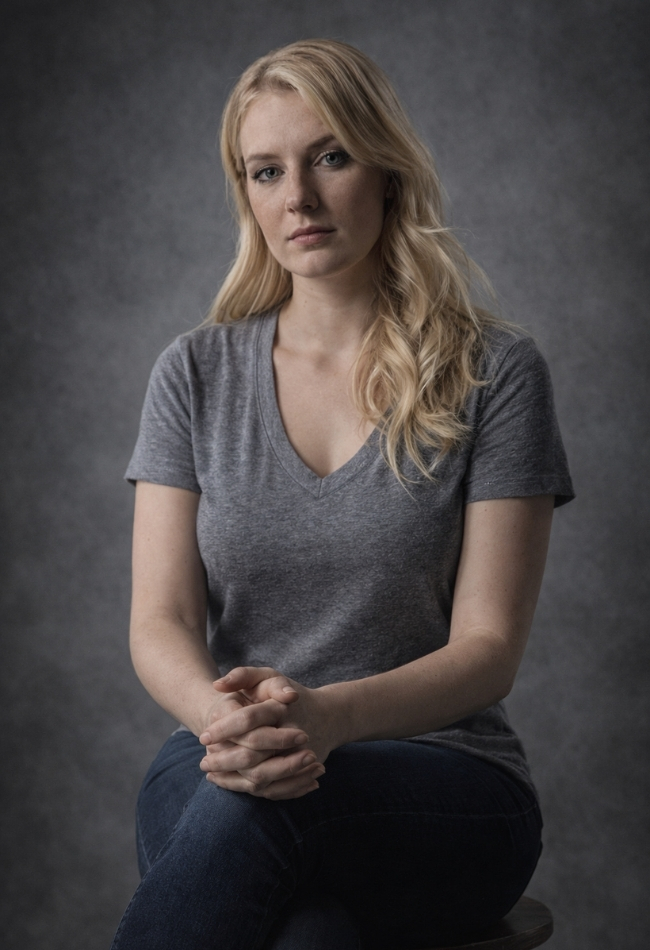 Keira Martin Australian Business Consultant in grey tshirt and sitting on a stool