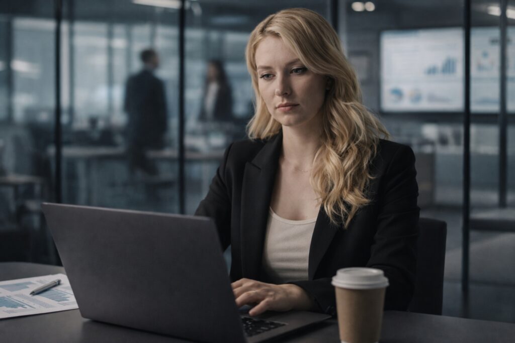 Keira Martin Geelong based Business Consultant working in a laptop